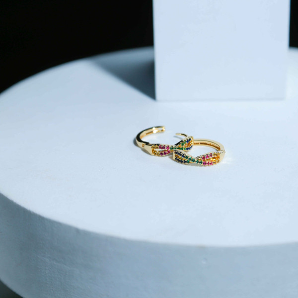 Yellow Gold Earrings Circle Shape Adorned with Many Colors
